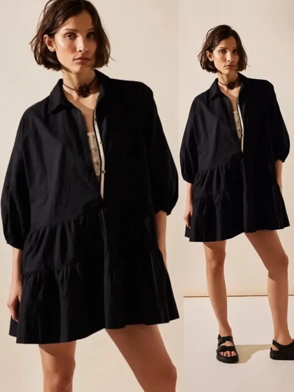 Free People Black Misha Mini Dress Size M Poplin 100% Cotton Tiered Babydoll